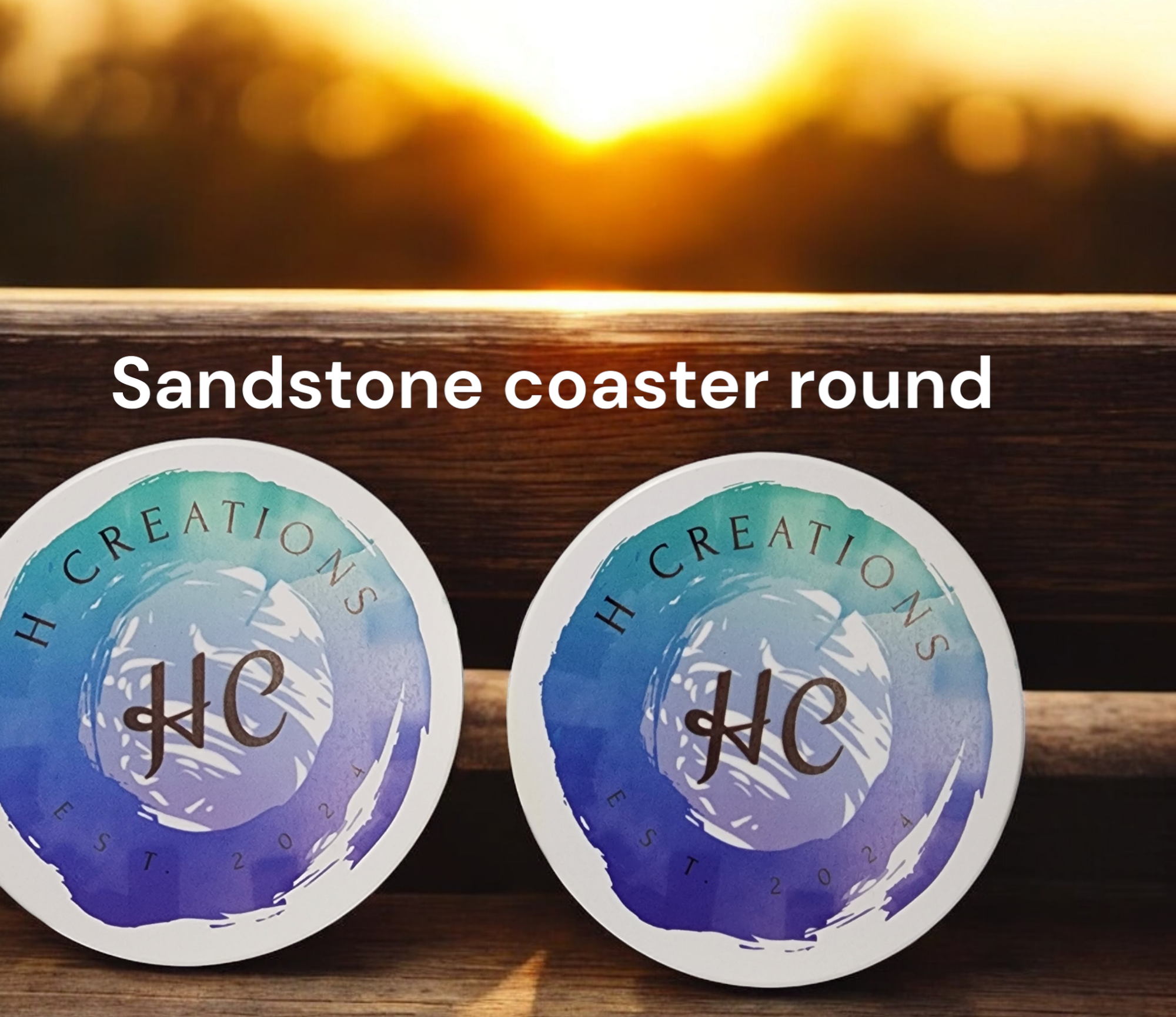 Set of colorful sublimation-printed custom coasters protecting a table surface