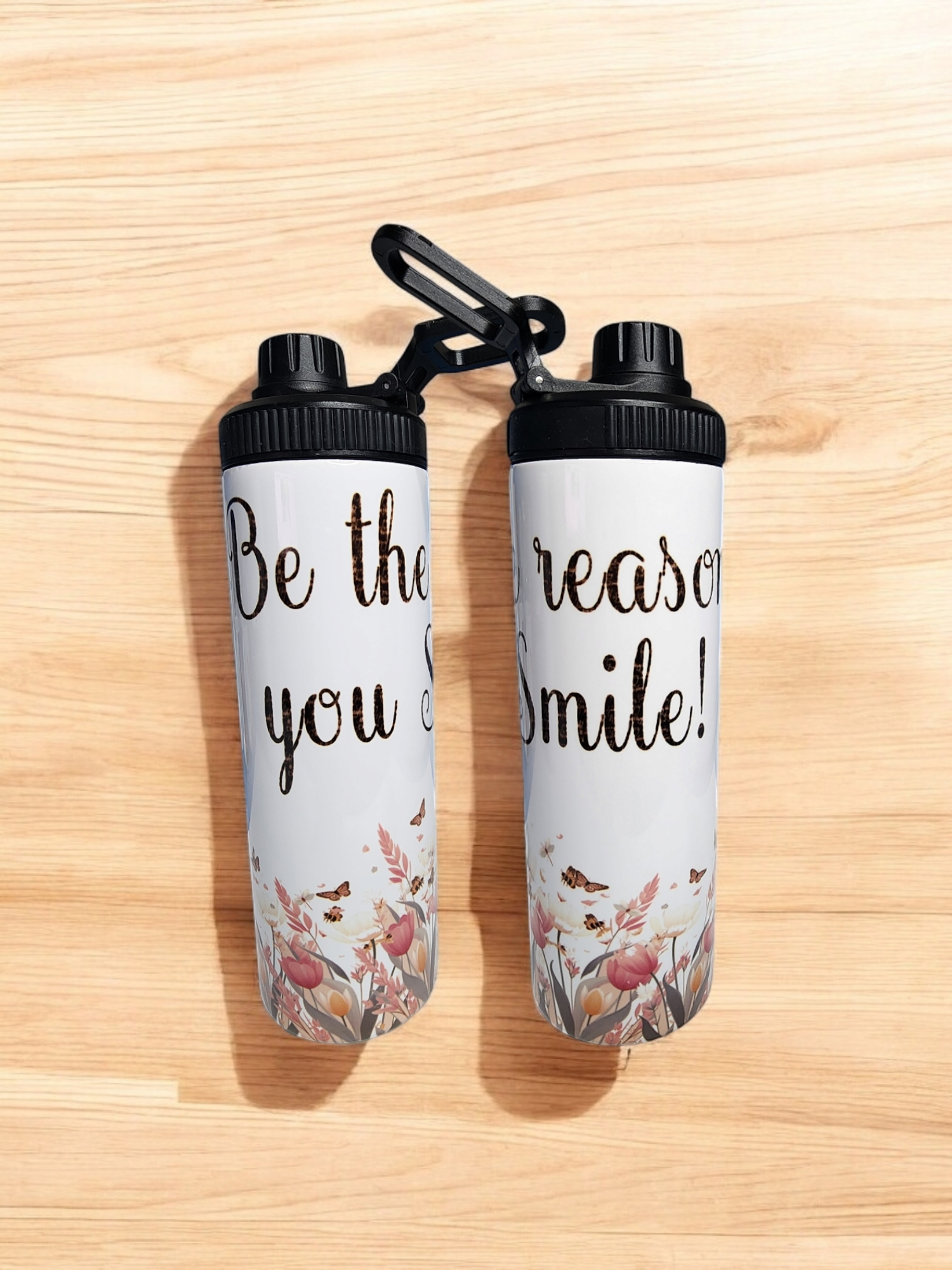 Tumbler 20oz dual lid sports bottle with "Be the Reason You Smile" design.