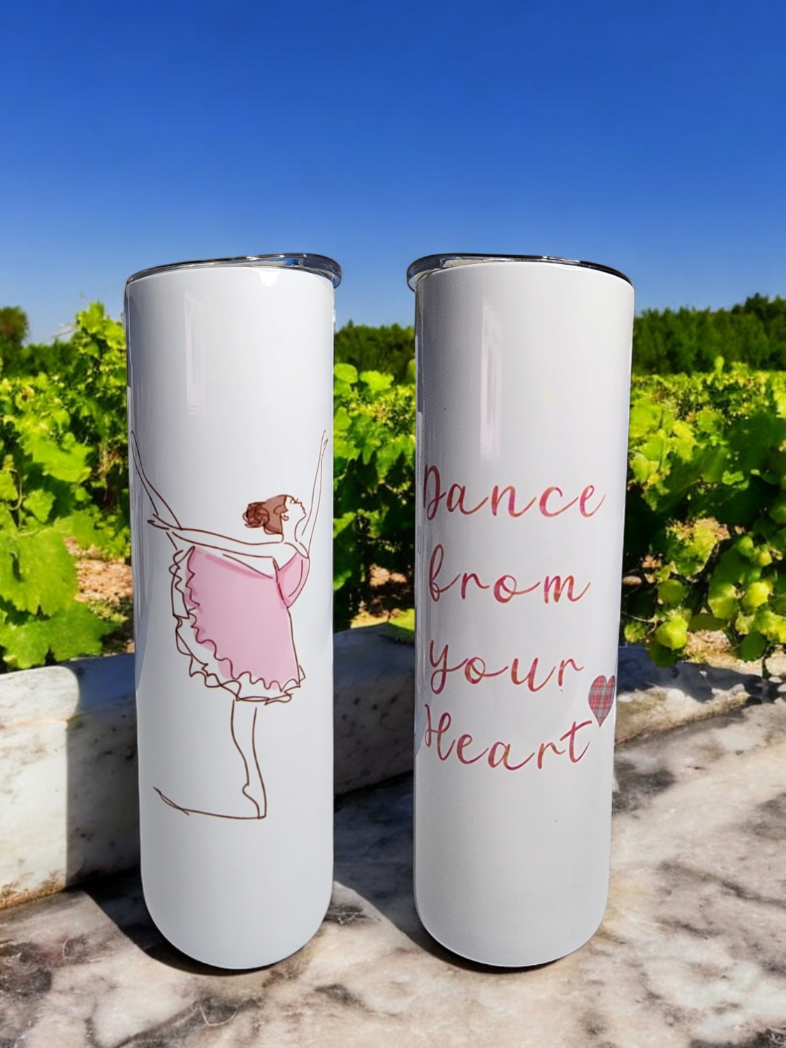 Dance from Your Heart Tumbler with motivational quote and stainless steel design for hot and cold drinks