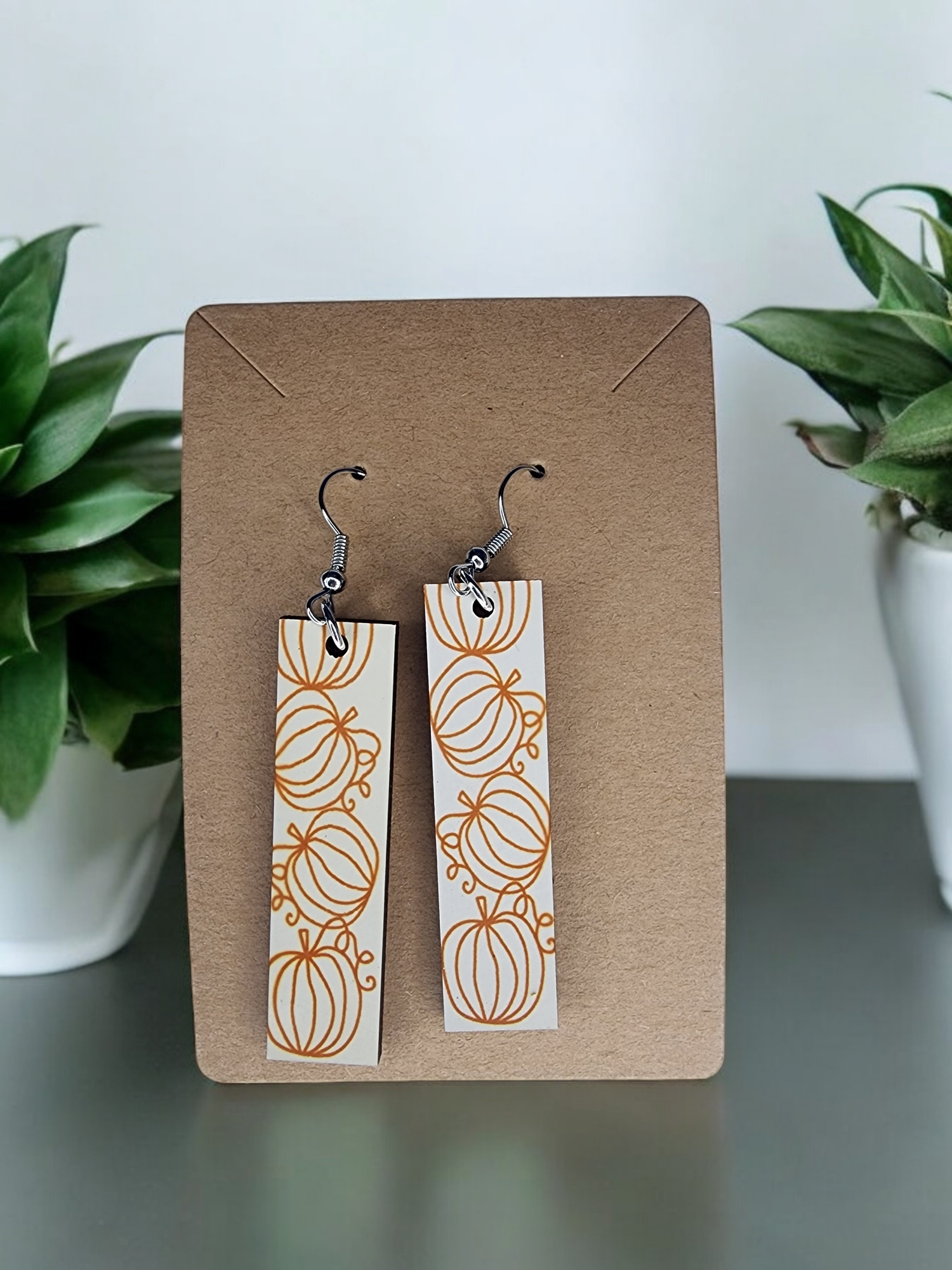 Pre-made or custom earrings with pumpkin wooden design