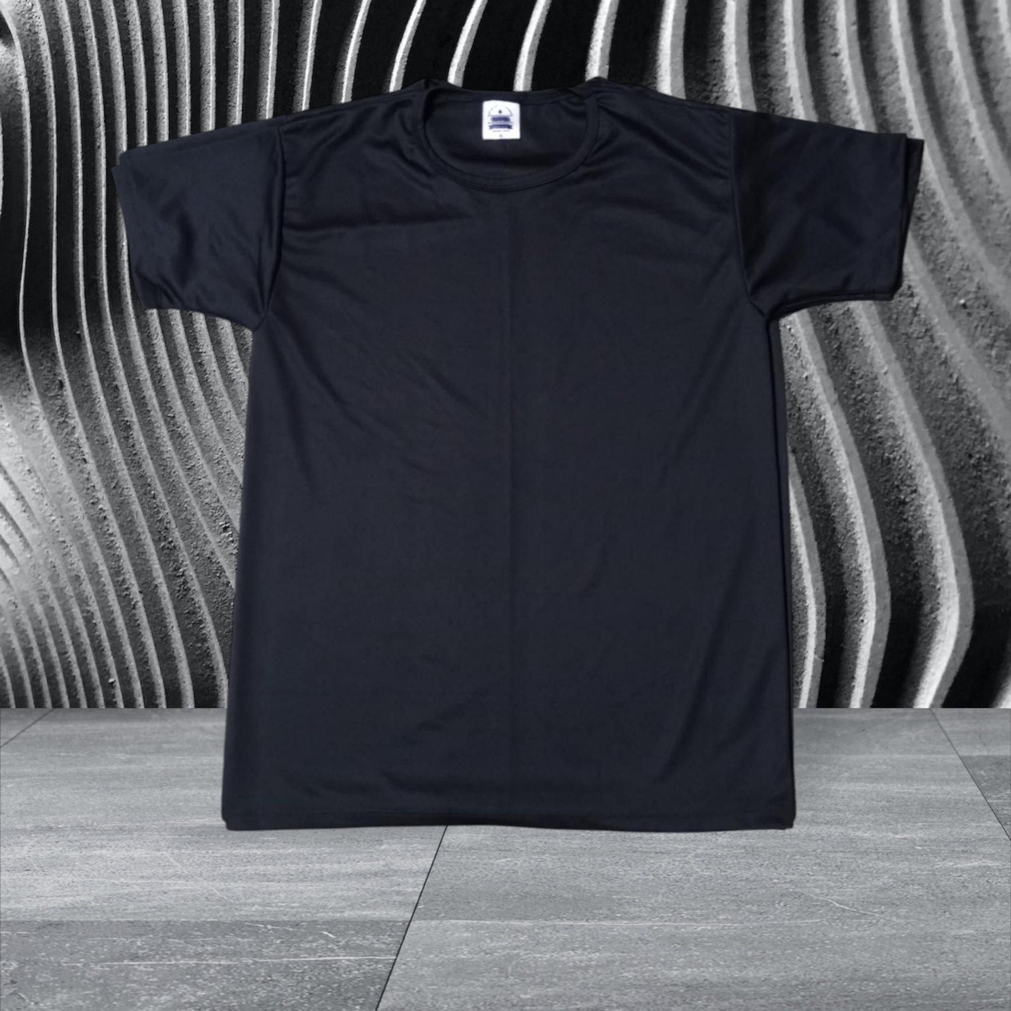 Black Dri-Fit polyester T-shirt with customizable print, ideal for sports and events.