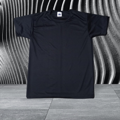 Black Dri-Fit polyester T-shirt with customizable print, ideal for sports and events.
